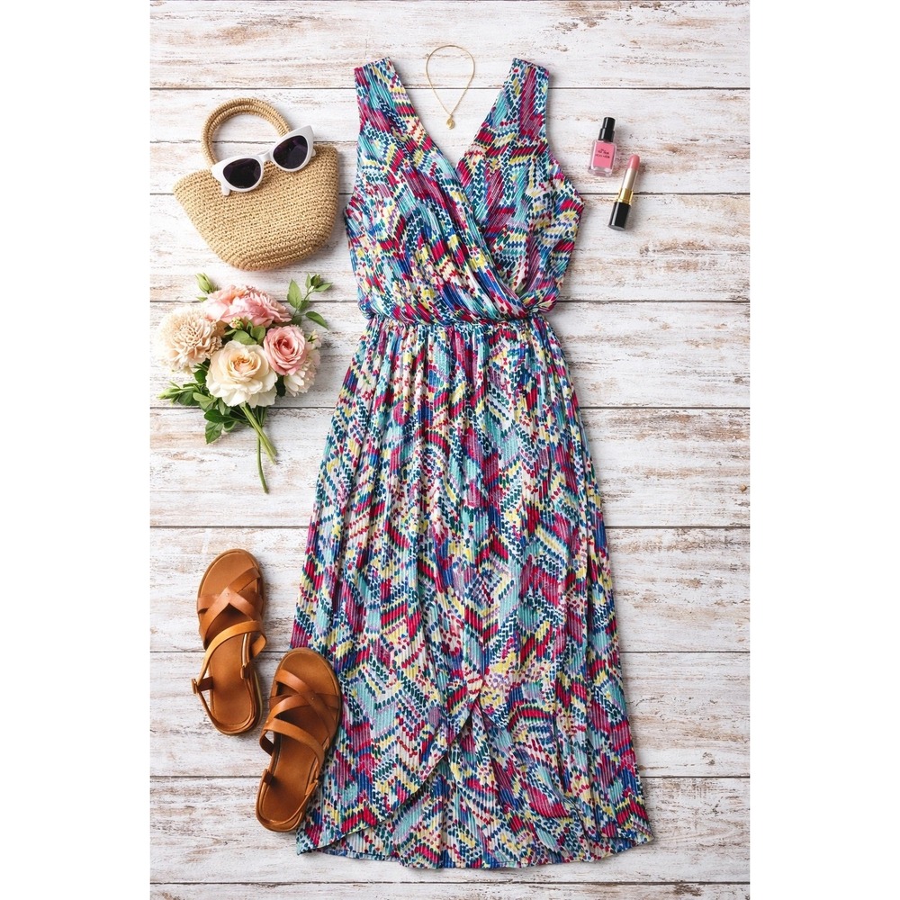 Vastra Geometric Print Pleated Maxi Dress‎ Womens Large Multicolor High Low Wrap